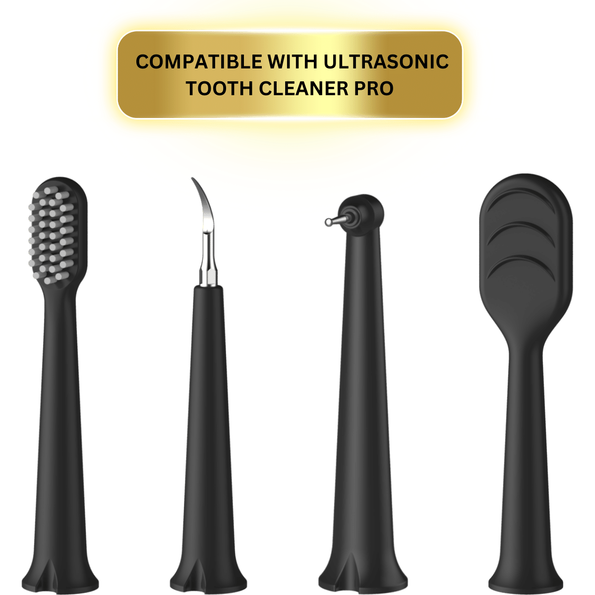 Replacement attachments for the Ultrasonic Tooth Cleaner Pro, with four attachments, tongue brush, toothbrush, stain remover and a plaque remover attachment- exclusively sold on Smile Therapy