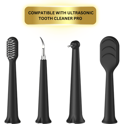 Replacement attachments for the Ultrasonic Tooth Cleaner Pro, with four attachments, tongue brush, toothbrush, stain remover and a plaque remover attachment- exclusively sold on Smile Therapy