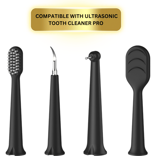 Replacement attachments for the Ultrasonic Tooth Cleaner Pro, with four attachments, tongue brush, toothbrush, stain remover and a plaque remover attachment- exclusively sold on Smile Therapy
